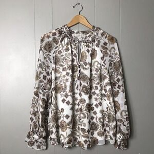 LOFT CREAM BROWN PAISLEY PRINT SHEER PEASANT BLOUSE LINED TIE NECK WOMENS LARGE